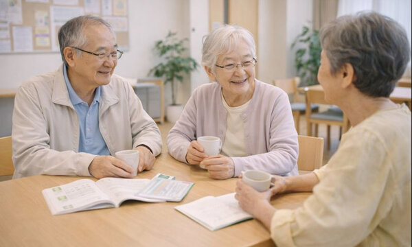 介護施設で談笑を楽しむシニア利用者たちの交流風景