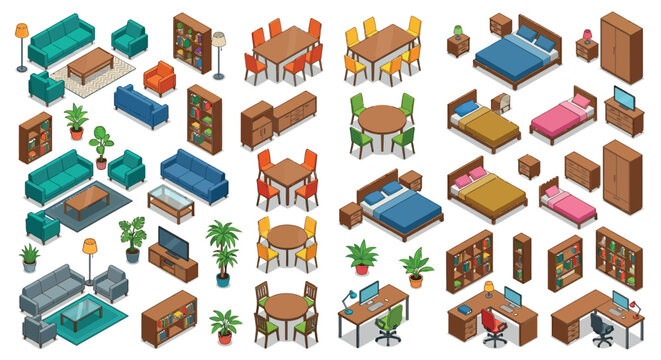 Isometric Furniture Set On White Background Interior Design Elements