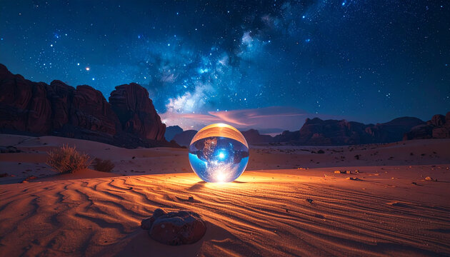 Crystal ball illuminating desert landscape under starry night sky