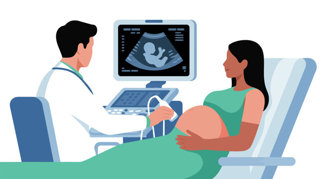 Pregnant woman having an ultrasound scan with a doctor in a clinic