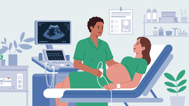 Pregnant woman having an ultrasound scan in a medical clinic with a doctor