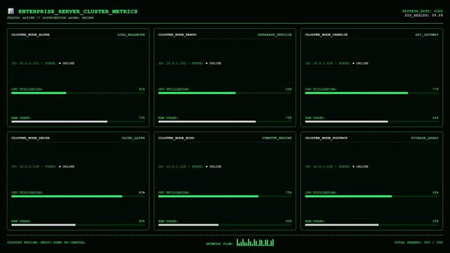 Enterprise Server Cluster Metrics Terminal Displaying Multi Zone Cloud Nodes Infrastructure Tracking And Live CPU RAM Allocation Progress Green HUD UI Interface.