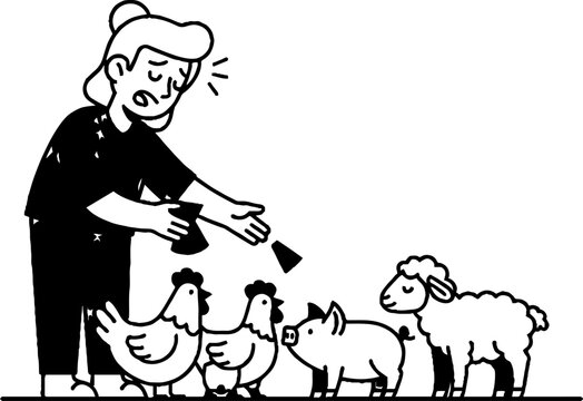 Farmer woman happily feeding various barnyard animals together.