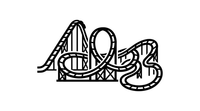 Black and white roller coaster illustration with loops and tracks.