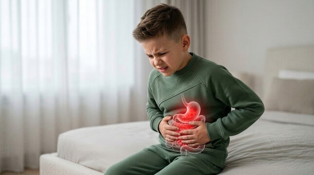 Sad boy suffering from stomach ache feeling abdominal pain. Young child with digestive system illness showing inner organs anatomy. Medical concept of pediatric healthcare and treatment.