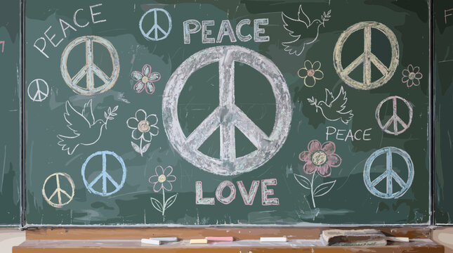 Peace Love Symbols on Chalkboard.