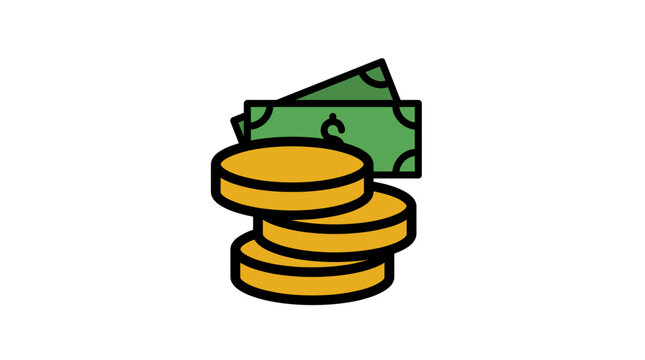 Stack of coins and dollar bills.