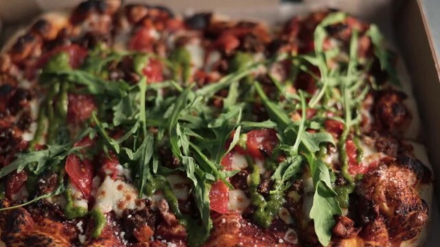 Roman pizza in a box in the kitchen. A close-up view of the delicious fresh pizza