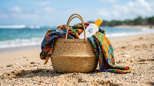 A woven straw tote bag with a colorful sarong on coarse sand