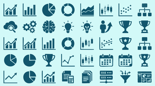 Business Data Analytics and Technology Icons Set with Charts and Graphs