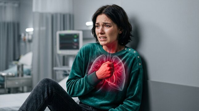 Crying woman suffering from severe chest pain and breathing difficulty. Digital illustration of highlighted inflamed lungs representing respiratory disease, illness and health crisis.