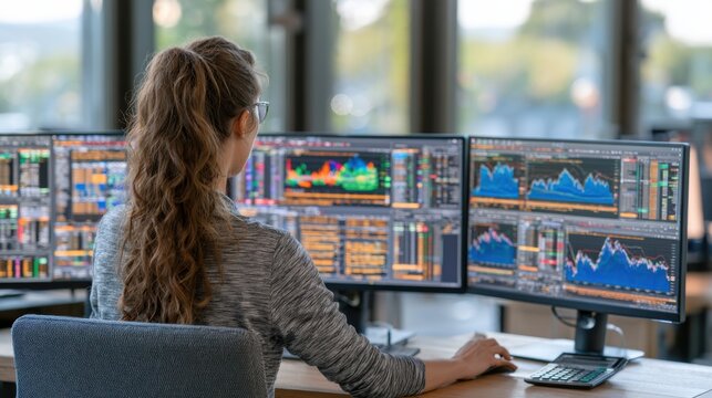 Expert analyzes financial market data at a trading desk with multiple screens during daytime