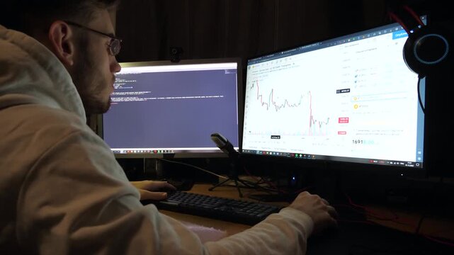 Young financial analyst working on multiple computer screens at night. Male broker analyzing real-time stocks, commodities and foreign exchange charts. Concept of crypto trading and data analysis