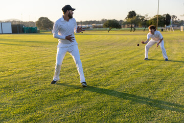Fototapeta premium Male cricket teammates practicing on grassy field in white uniforms, catching midair cricket ball
