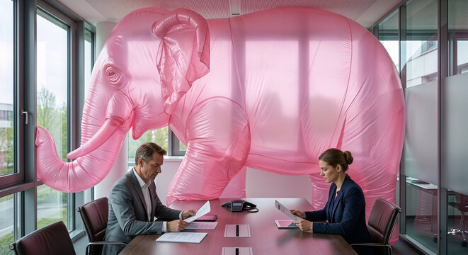 Business people in a composed indifferent mood reviewing documents beside a giant inflatable elephant against a modern corporate boardroom backdrop