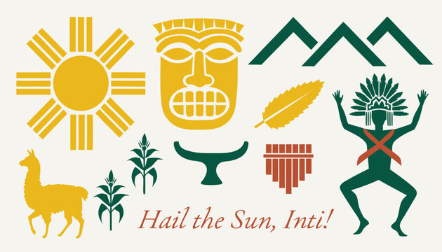 Inti Raymi cultural vector: golden sun disk, ceremonial elements, geometric patterns for branding use