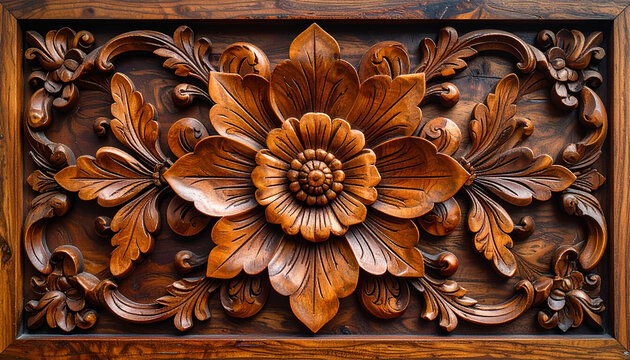 Intricate wood carving of a floral design with detailed leaves and petals