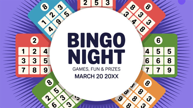Bingo Night Poster: A vibrant graphic poster announces Bingo Night with text highlighting Games, Fun & Prizes and a date. Surrounding the central circle are colorful bingo cards with numbers.