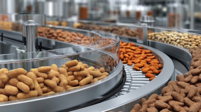 View of a modern production line showcasing various types of snack foods being processed and packaged in a factory setting, highlighting efficiency and variety.