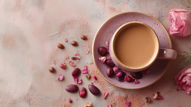 ルビーチョコとマイルドコーヒー俯瞰 / Flat Lay of Ruby Chocolate and Mild Coffee
