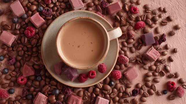 ルビーチョコとマイルドコーヒー俯瞰 / Flat Lay of Ruby Chocolate and Mild Coffee