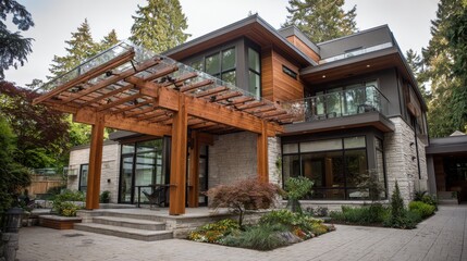 Fototapeta premium Modern Luxury Residence Surrounded by Natural Beauty, Featuring Stunning Architecture, Elegant Landscaping, and Inviting Outdoor Spaces for Relaxation and Entertainment