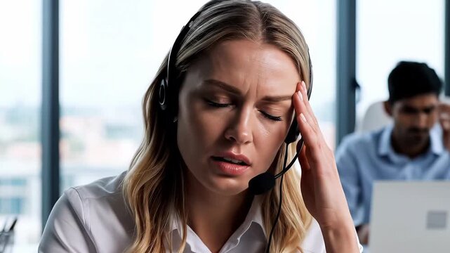 Stressed female call center agent wearing a headset holding her head in a busy office environment