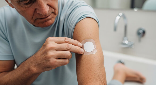 Elderly man applying a glucose sensor patch to his arm, monitoring his health and diabetes management at home
