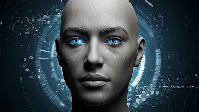 Close-up of a robotic face with glowing blue eyes and a digital background.
