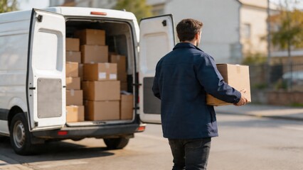 Obraz premium A delivery man in a blue jacket and dark pants carries a cardboard box while walking past an open white van filled with packages on a suburban street.