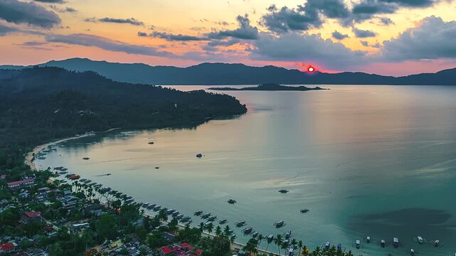 Outrigger Boats Anchored Along Padre Burgos Port In Limasawa Island, Southern Leyte, Philippines. Timelapse