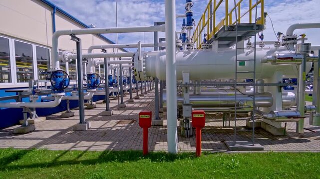 Modern industrial plant with pipes and valves for transporting natural gas and crude oil