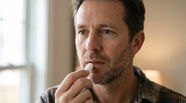  Adult Man Protecting Lips with SPF Lip Balm
