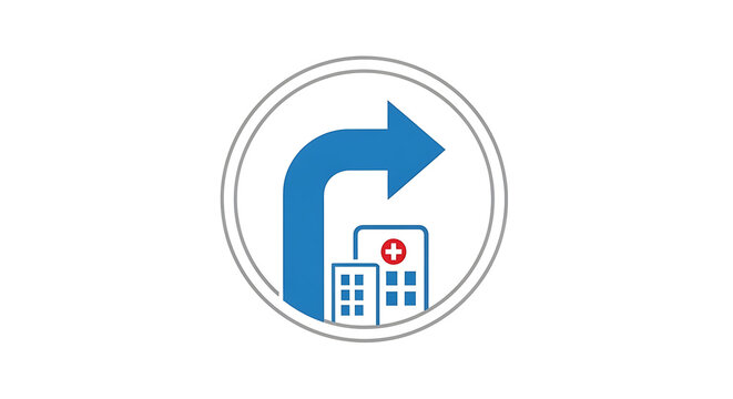 Navigation arrow guiding direction to hospital building icon, representing a medical facility location for easy access and essential healthcare services