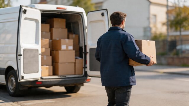 A delivery man in a blue jacket and dark pants carries a cardboard box while walking past an open white van filled with packages on a suburban street.