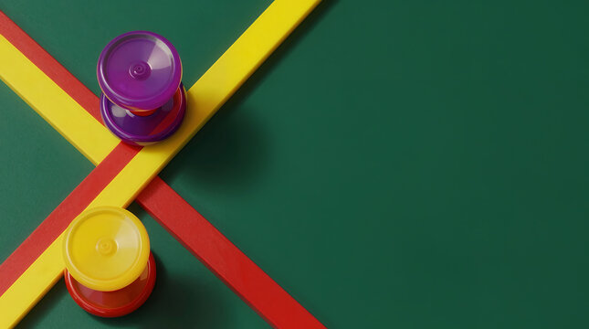 Top View of Colorful Toy Yo Yo Discs with Intersecting Bright Wood Sticks on Green Surface