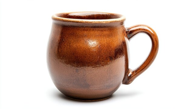 Empty round brown ceramic mug on white background side view