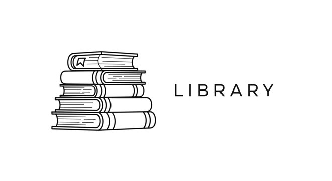 Stack of old books with library text illustration.