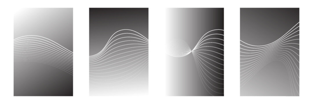 Collection of vector white line waves on a black and white gradient background. For covers, wallpaper, branding, business cards, social media and other projects. You can use rough textures for any bac