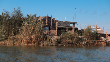 Fototapeta premium Vibrant marsh landscape in Iraq showcasing traditional structures and lush vegetation