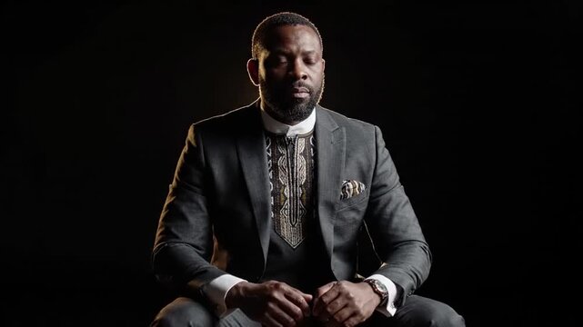 Man in stylish suit with patterned shirt, looking thoughtful, isolated on dark background, professional portrait