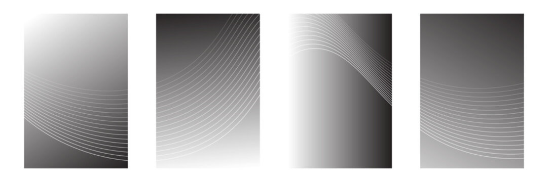 Collection of vector white line waves on a black and white gradient background. For covers, wallpaper, branding, business cards, social media and other projects. You can use rough textures for any bac