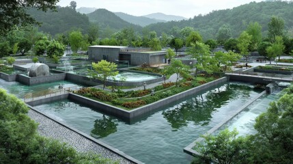 Fototapeta premium Tranquil Landscape Featuring Serene Water Bodies and Lush Greenery Surrounded by Mountains with Modern Architecture Enhancing Natural Beauty