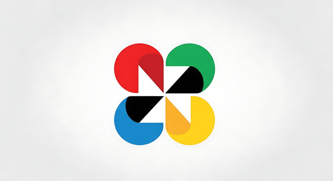 Abstract geometric symbol with four colorful quadrants and dynamic interconnected elements, representing unity and progress in a clean, modern design
