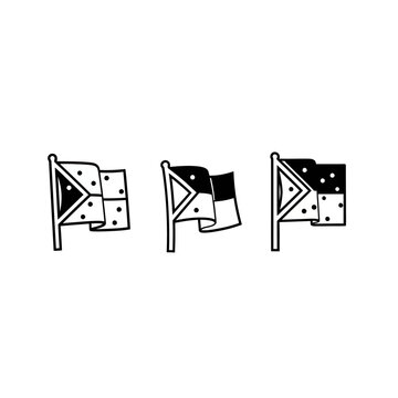 Three waving flags with unique geometric patterns design.
