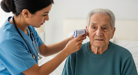 Fototapeta premium Caring caregiver using digital ear thermometer to check elderly man's temperature, providing home healthcare and medical attention
