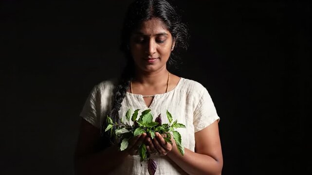 Young woman holding fresh green herbs and purple basil leaves with gentle gaze, dark background, nurturing nature and healthy lifestyle concepts