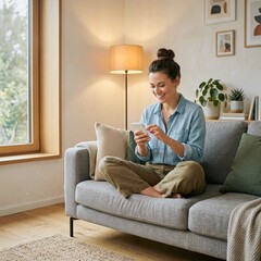 Obraz premium Woman smiling while using smartphone on cozy gray sofa in warmly lit living room