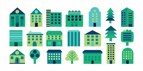 Naklejka premium City buildings and trees flat vector illustration on a white background