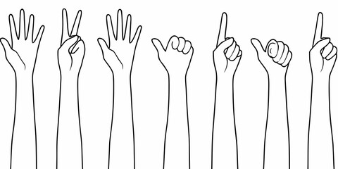 Fototapeta premium Various Hand Gestures Linear Illustration On White Background